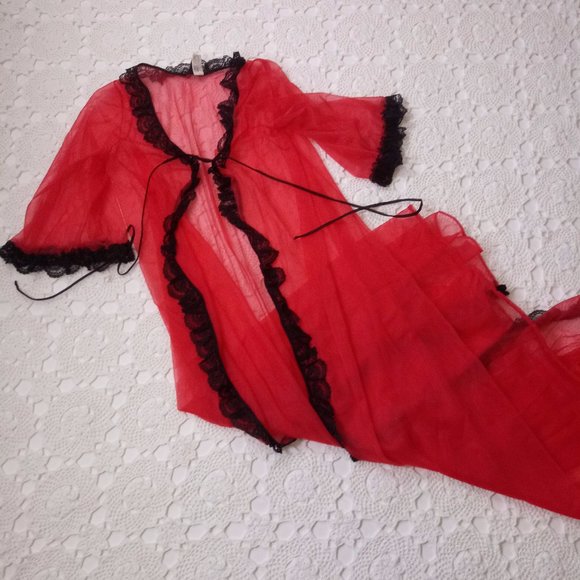 Vintage Other - Vtg 60s 70s M Red Nylon Sheer Robe Long Lace Black